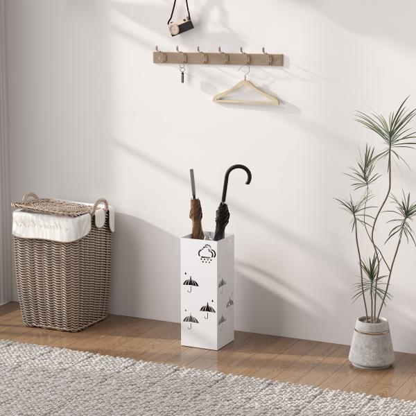 Suporte para Guarda Chuva de Aço com 4 Ganchos e Bandeja de Gotejamento Amovível 15,5x15,5x41 cm Branco