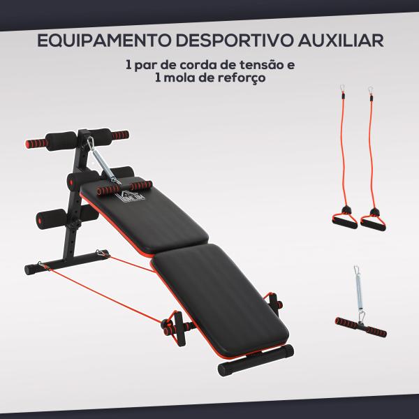 Banco de Abdominais Dobrável Ajustável em Altura com Cordas Elásticas 137x51x50 - 66 cm Preto e Vermelho