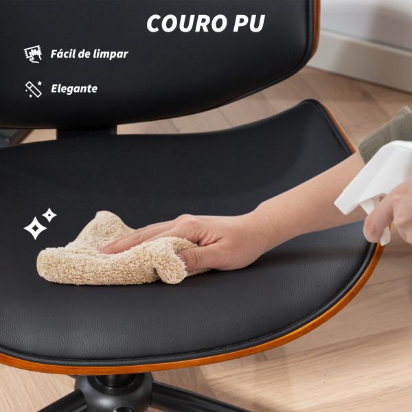 Cadeira de Escritório sem Braços Cadeira de Secretária Vintage Giratória Estofada em PU Altura Ajustável 52x54x74 - 84 cm Preto e Madeira
