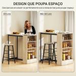 Conjunto Mesa Alta com 2 Bancos Apoios para os Pés 3 Compartimentos Prateleira Ajustável para Cozinha Carvalho