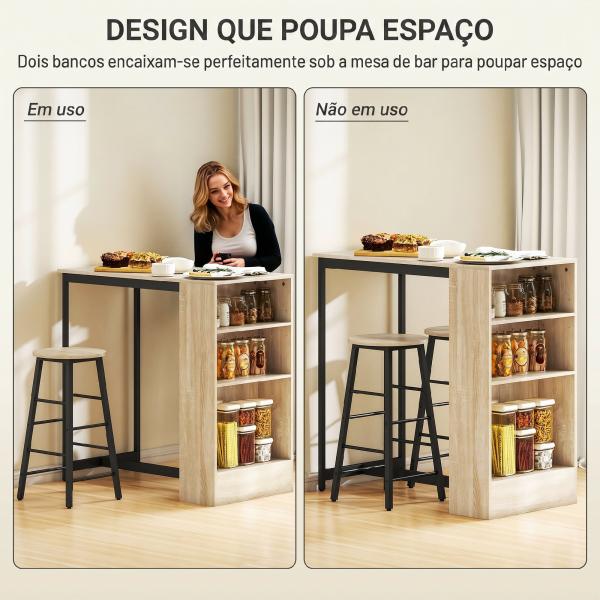 Conjunto Mesa Alta com 2 Bancos Apoios para os Pés 3 Compartimentos Prateleira Ajustável para Cozinha Carvalho
