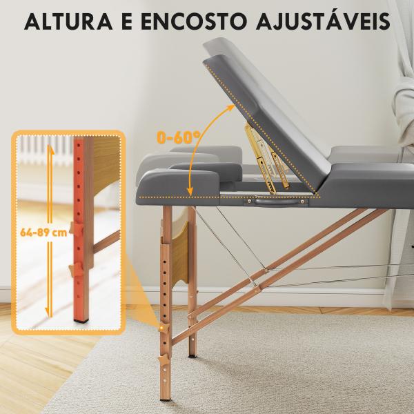 Marquesa de Massagem Dobrável Portátil com Altura Ajustável Apoio de Cabeça Apoios de Braço Acolchoados 215x60x64 - 89 cm Cinza