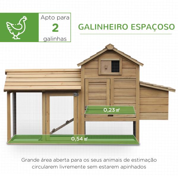 Galinheiro de Madeira de Abeto para Exterior Gaiola para 2 - 3 Galinhas com Cercado de Arame Teto Abatível Caixa Ninho Bandeja Removível e Rampa 150,5x54x87 cm Natural