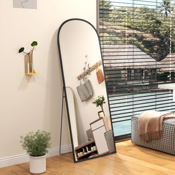 Espelho de Pé Espelho de Corpo Inteiro 60x165 cm com Estrutura de Liga de Alumínio e Suporte para Sala Quarto Preto