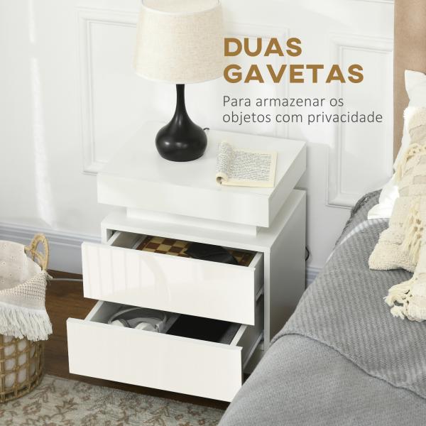 Mesa de Cabeceira com Luz LED Mesa de Cabeceira Painel de Alto Brilho 2 Gavetas e Controlo 45x35x52 cm Branco
