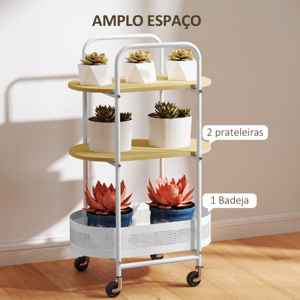 Carrinho Auxiliar com Rodas Carrinho de Cozinha de 3 Níveis com Cesta e Prateleiras 49,5x32,5x82,5 Branco e Madeira