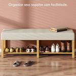 Banco Sapateira com Assento Acolchoado para 2 Pessoas Prateleira Aberta Estrutura de Madeira 140x44x48 cm, Creme e Madeira
