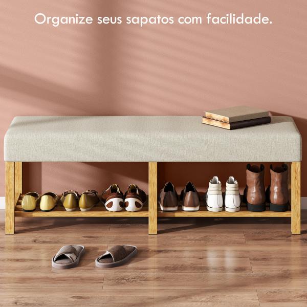 Banco Sapateira com Assento Acolchoado para 2 Pessoas Prateleira Aberta Estrutura de Madeira 140x44x48 cm, Creme e Madeira
