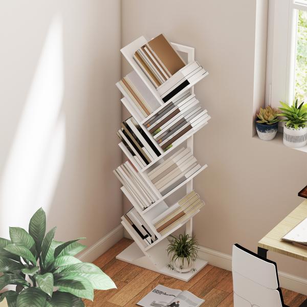 Estante em Forma de Árvore de 9 Níveis Estante de Livros com 9 Prateleiras e Estrutura de Aço 50x24x136 cm Branco