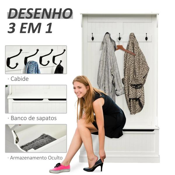 Móvel Cabide de Entrada com Banco Armário de Entrada com Cabide 5 Ganchos e Espaço de Armazenamento 96x34x179,7cm Marfim