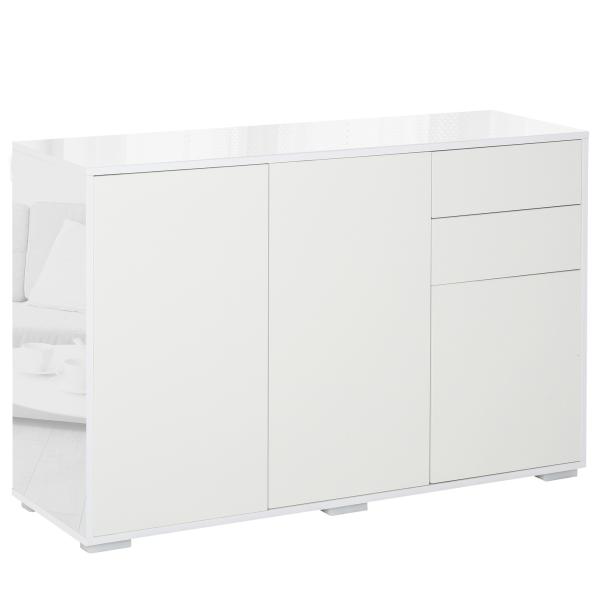 Aparador de Sala de Estar com 3 Portas 2 Gavetas e Prateleira Interior Ajustável Móvel Auxiliar de Armazenamento para Cozinha Dormitório Anti - Rolamento 117x36x74cm Branco