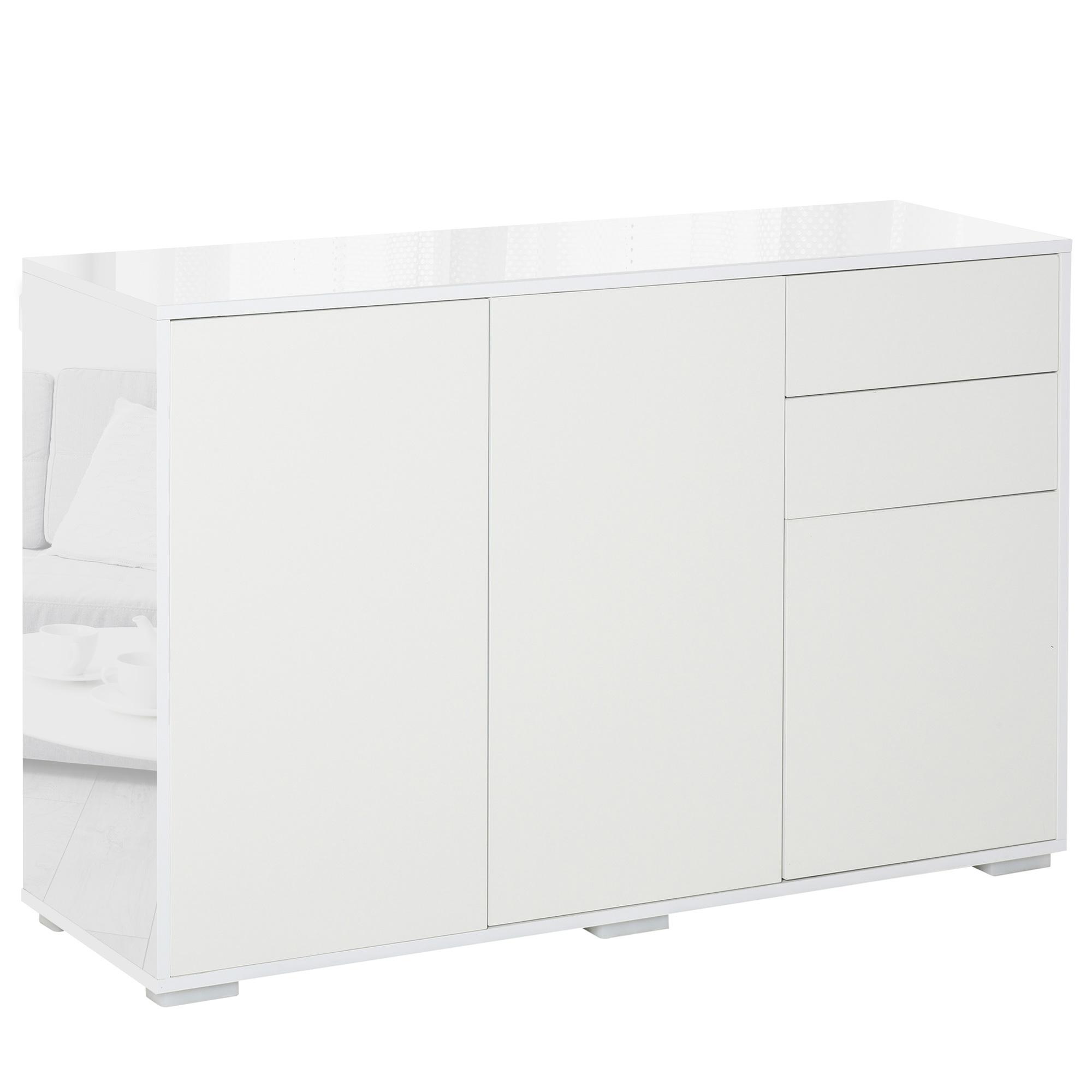 Aparador de Sala de Estar com 3 Portas 2 Gavetas e Prateleira Interior Ajustável Móvel Auxiliar de Armazenamento para Cozinha Dormitório Anti - Rolamento 117x36x74cm Branco
