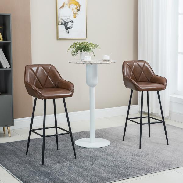 Conjunto de 2 Bancos Altos Estofados em PU com Encosto Alto Pés de Aço e Apoio para os Pés 50x47,5x102,5cm Marrom