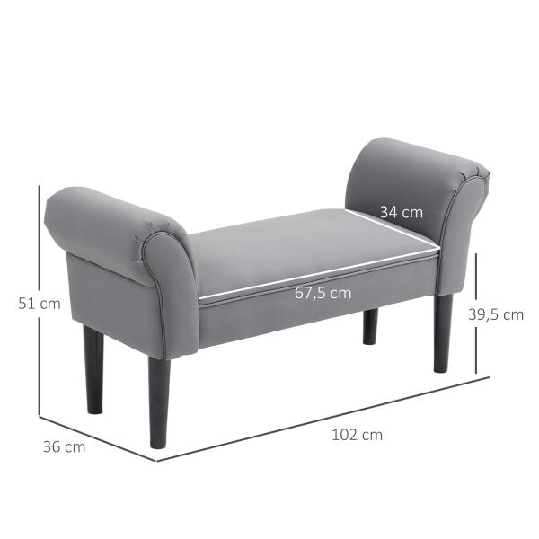 Banco de Pé de Cama Estofado em Linho Sintético com Pés de Madeira Braços e Assento Acolchoado Cinzento Escuro