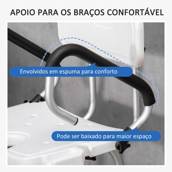 Cadeira para Duche Antiderrapante com Altura Ajustável de 6 Níveis e Apoio para os Braços Regulável 54x52x70 - 82cm Branco