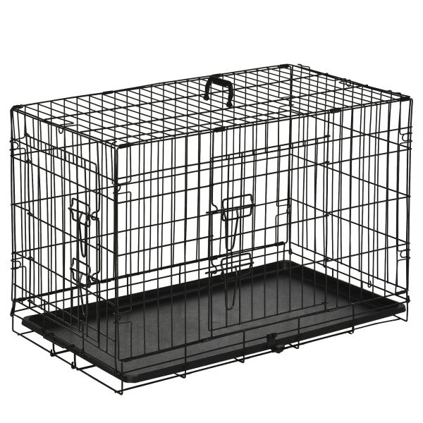 Gaiola para Cães com 2 Portas Gaiola para Animais de Estimação de Arame Dobrável com Alça de Transporte Aço 76x46x52cm Preto