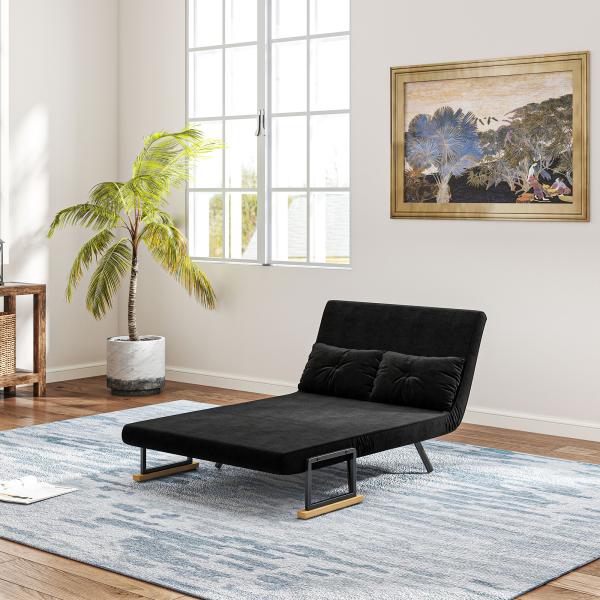 Sofá Cama Sofá Convertível em Cama de 2 Lugares Dobrável com Encosto Ajustável em 5 Níveis e 2 Almofadas 102x73x81 cm Preto