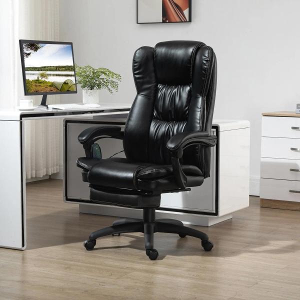 Cadeira de Escritório e Giratória Cadeira de Escritório com Altura Ajustável 6 Pontos de Massagem Controle Remoto e Apoio para os Pés Retrátil 68,5x68,5x119 - 127cm Preto