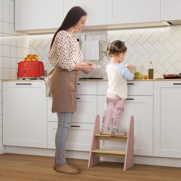 Banco para Crianças de 2 Degraus Torre de Aprendizagem Escada para Crianças acima de 3 Anos para Casa de Banho Cozinha 43x30x55 cm Rosa