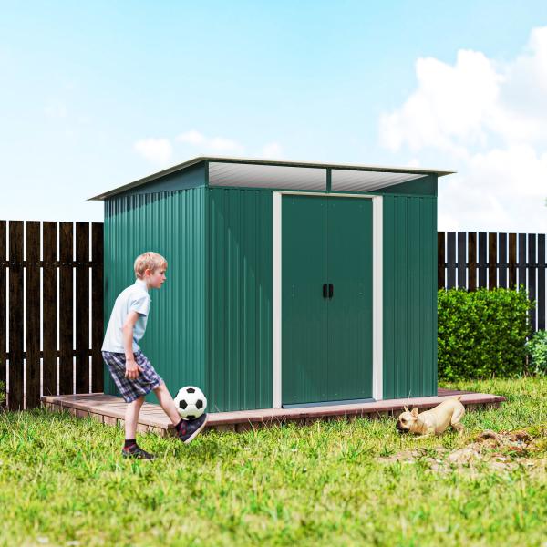 Abrigo de Jardim 4,5 m² 260x194x200 cm Abrigo Exterior Metálico com 2 Portas Deslizantes para Armazenamento de Ferramentas Verde
