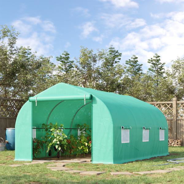 Estufa Tipo Túnel 450x300x200 cm Estufa de Jardim com Porta e 6 Janelas Enroláveis Cobertura de PE e Aço Verde