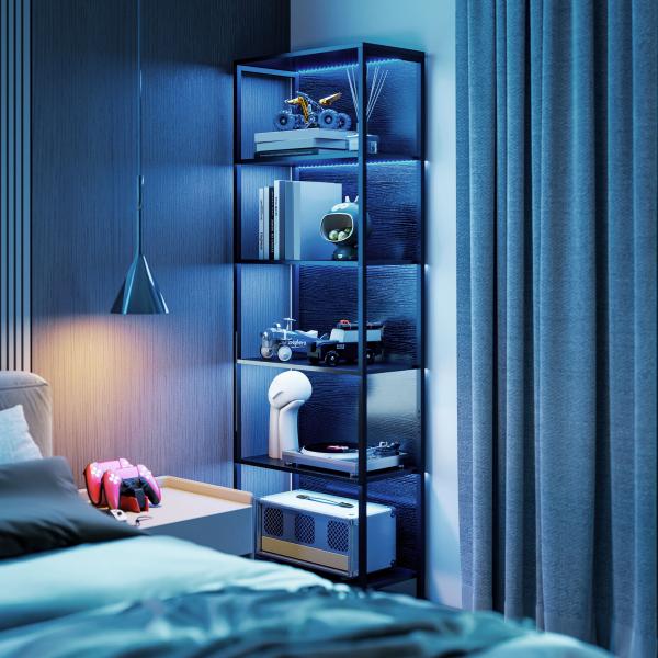 Estante de 5 Níveis com Luzes LED de 7 Cores Estante para Livros Estante de Estilo Industrial 60x30x179 cm Preto