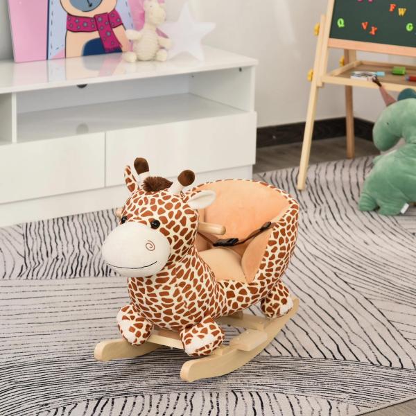 Baloiço para Crianças em Madeira com 32 Canções Cinturão de Segurança Girafa de Pelúcia 60x33x45 cm Marrom Claro