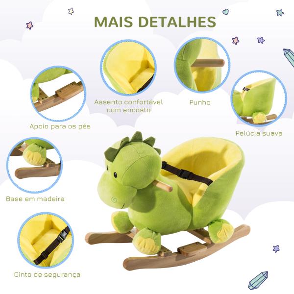 Cavalo de Baloiço em Forma de Dinossauro de Pélucia para Bebés 18 - 36 Meses com Sons Cinto de Segurança Guiador e Apoio para os Pés 60x33x45cm Verde