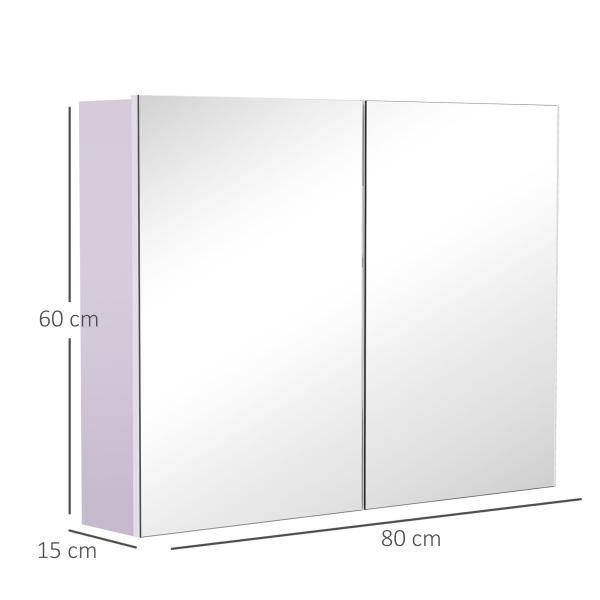 Armário Casa de Banho com Espelho com 2 Portas 3 Prateleiras Internas Estilo Moderno 80x15x60 cm Roxo Claro