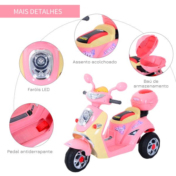 Mota elétrica Infantil para crianças acima de 3 anos com Bagagem 6V de Bateria 108x51x75cm Rosa
