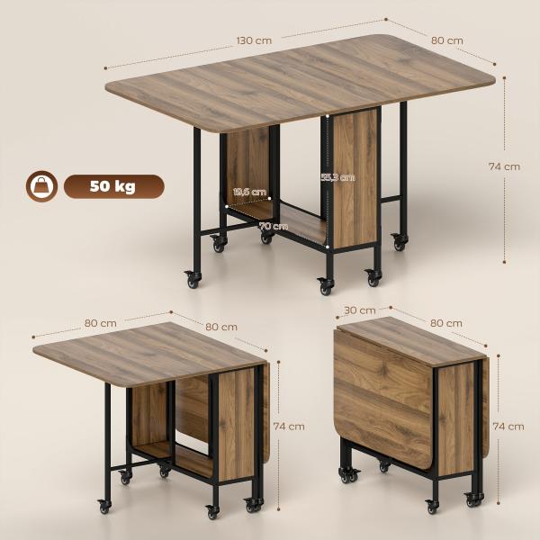 HOMOM Mesa de Cozinha Dobrável Mesa de Refeição Dobrável com Rodas Laterais Abatíveis e Prateleira Mesa Dobrável para Sala de Jantar 130x80x74 cm Marrom