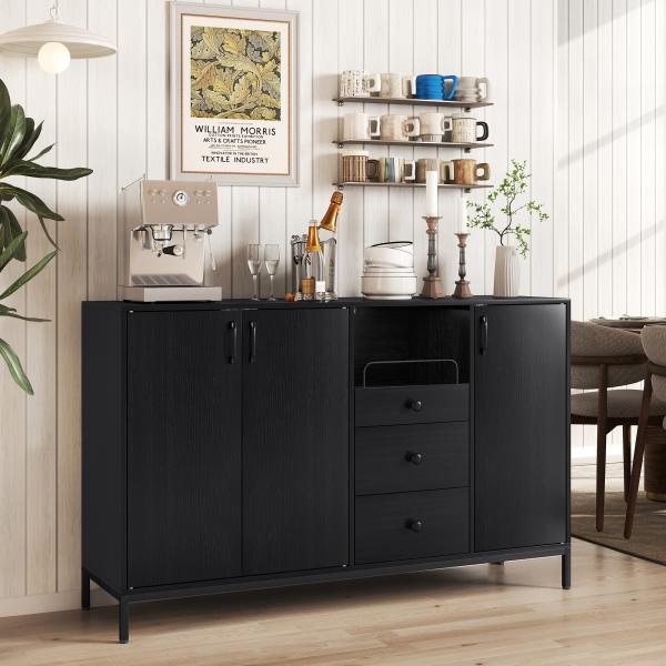 Aparador com 3 Portas e 3 Gavetas Prateleiras Ajustáveis para Cozinha, Entrada Sala de Jantar Quarto 143,5x40x90 cm Preto