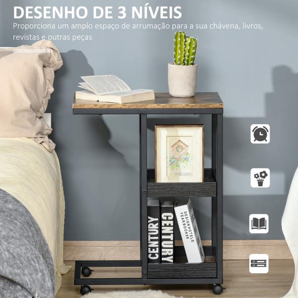 Mesa Auxiliar Industrial em Forma de C com Rodas Prateleiras Abertas e Estrutura de Aço 51x33x66 cm Marrom Escuro e Preto