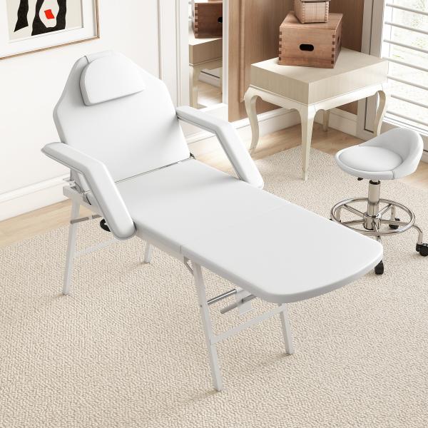 Marquesa de Massagem Dobrável Portátil de 3 Secções com Encosto Ajustável Apoio de Cabeça e Braços 182x82x68 cm Branco