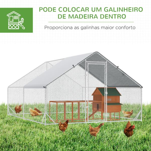 Galinheiro de Exterior Grande 3x4x2m Gaiola para 8 - 12 Galinhas de Aço Galvanizado com Teto de PE e Fechadura para Coelhos Prata