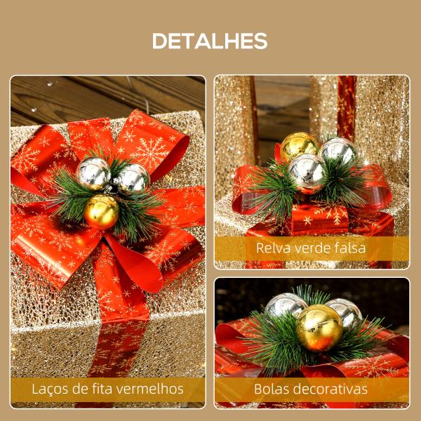 Conjunto de 3 Caixas de Presente de Natal com 58 LEDs Branco Quente Enfeites Luminosos para a Árvore de Natal Dourado