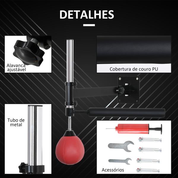 Punching Ball de Boxe Montado na Parede Altura Ajustável com Barra Giratória e Inflador 79x72x20cm Preto e Vermelho