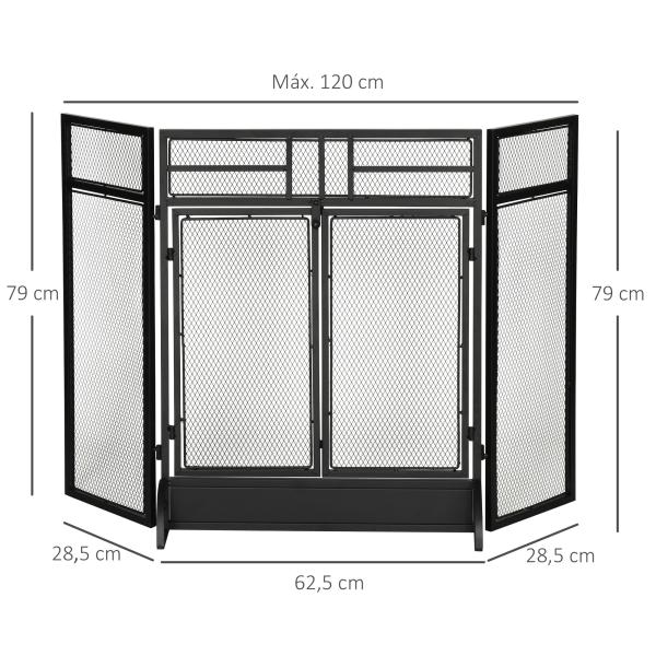 Frente de Lareira Dobrável Frente para Lareira com 3 Painéis com Porta Dupla e Pés Adicionais Estrutura de Metal 120x11,5x79cm Preto