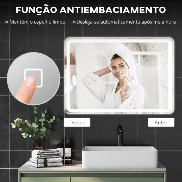 Espelho Casa de Banho com Luzes LED 70x100 cm Função Antiembaciamento 3 Temperaturas de Cor Ajustável e Função de Memória Prata