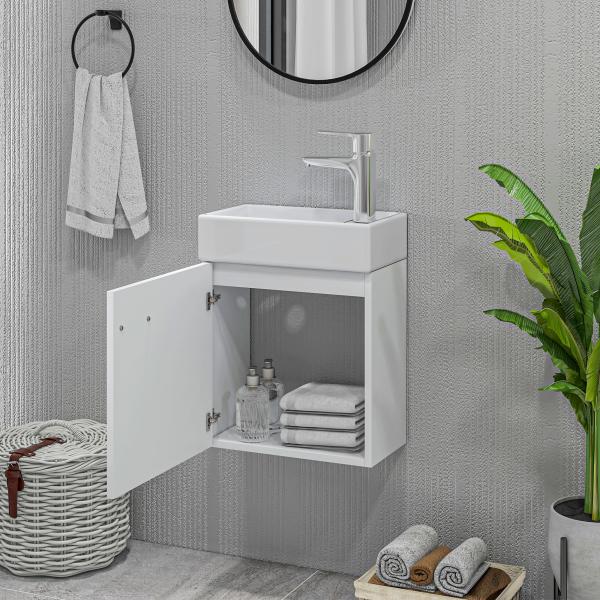 Móvel de Casa de Banho com Lavatório Móvel de Casa de Banho com Porta com Fechamento Suave e Armário 40x23x50 Branco Brilhante