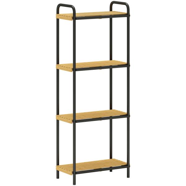Estante de Casa de Banho de Bambu de 3 Níveis Estante de Armazenamento com 3 Prateleiras Ripas e Estrutura de Aço 41,5x21,5x106 cm Madeira e Preto