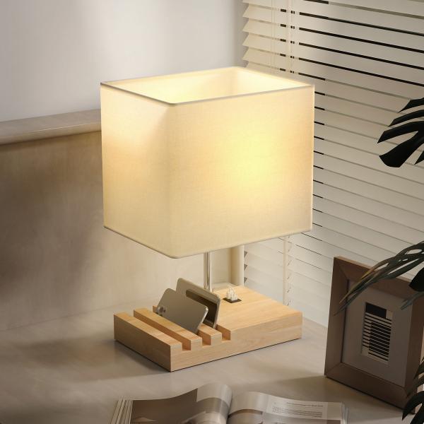 Candeeiro de Mesa com Portas USB - A/C Três Ranhuras para Telemóveis Base de Madeira e Ecrã de Tecido E27 40W 25x20x40,5 cm Branco