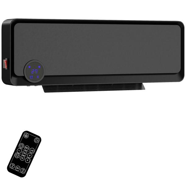 Aquecedor Cerâmico de Parede 1000W/2000W com Controle Remoto Tela LED Temporizador de 12h Termostato 56x18,5x11,7 cm Preto