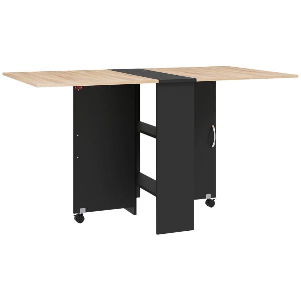 Mesa de Cozinha Dobrável Mesa de Madeira com 2 Prateleiras de Armazenamento e Rodas 75x140x74 cm Preto e Madeira