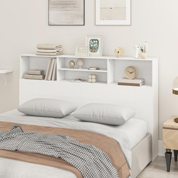 Cabeceira de Cama 160 cm com Arrumação e 4 Compartimentos Abertos para Quarto, Branco