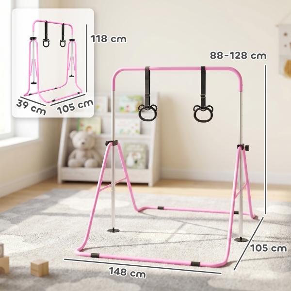 Barra de Ginástica para Crianças com Altura Ajustável em 5 Níveis Anéis e Dobrável 148x105x88 - 128 cm Rosa