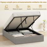 Cama de Casal 140x190 cm com Arrumação Elevatória, Estrutura com Estrado Estofada em Linho Cinzento