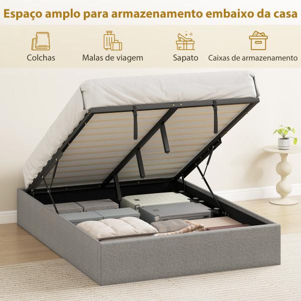 Cama de Casal 140x190 cm com Arrumação Elevatória, Estrutura com Estrado Estofada em Linho Cinzento