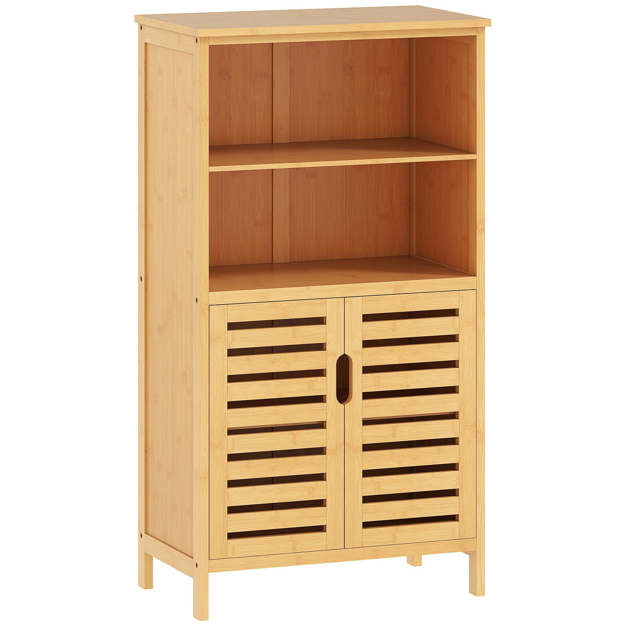 Armário Casa de Banho de Bambu Móvel Auxiliar Casa de Banho com 2 Portas 2 Prateleiras Abertas 50x29x92 cm Madeira