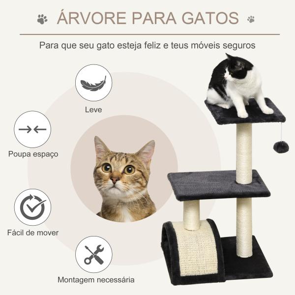 Arranhador para Gatos Médio de 3 Níveis com Postes de Sisal Placa para Arranhar e Bola Suspensa 40x35x72 cm Cinzento Escuro